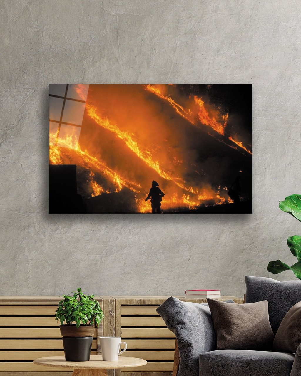 Yangın ve Adam Cam Tablo 4mm Dayanıklı Temperli Cam Fire Glass Painting