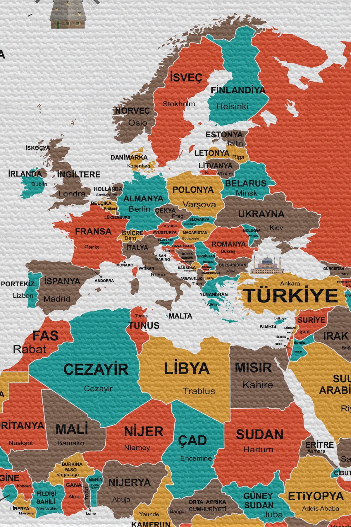 Duvar Örtüsü  Bayrak Detaylı Türkçe Güncel Dünya Haritası Kanvas Duvar Halısı