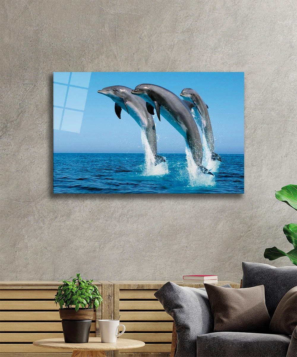 Yunus Balıkları-2 Cam Tablo  4mm Dayanıklı Temperli Cam, Dolphins Glass Wall Art