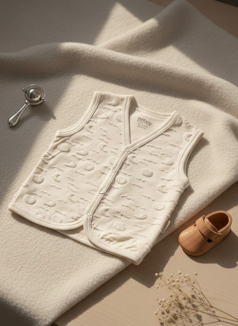 Bebek Yelek Organik Pamuk Unisex, 3-6-9-12 Ay Gökyüzü Desenli Yelek