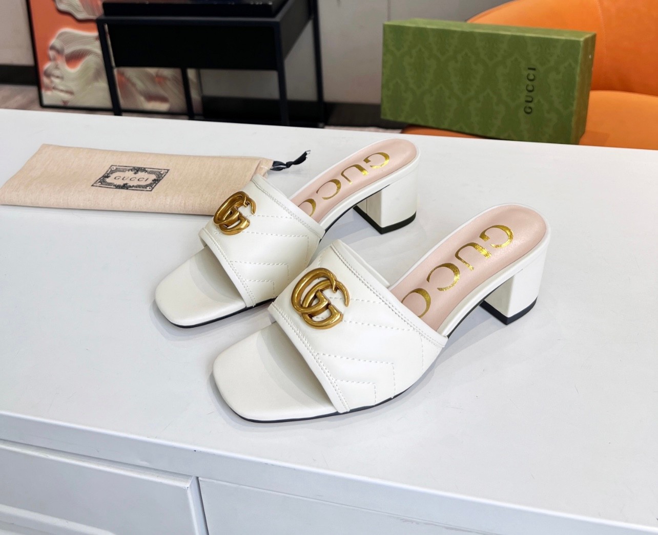 A+++ Quality Luxury Designer Heeled Leather Sandals  - White