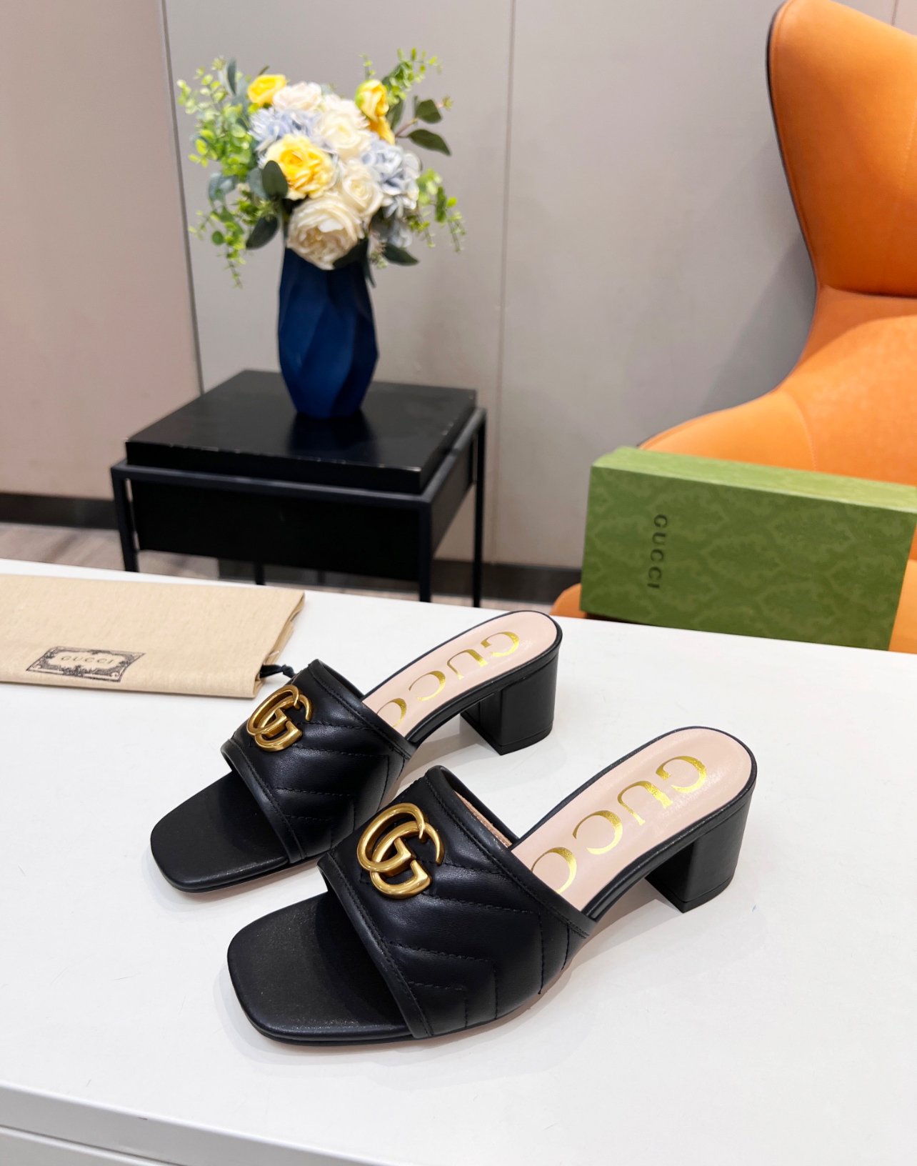 A+++ Quality Luxury Designer Heeled Leather Sandals  - Black