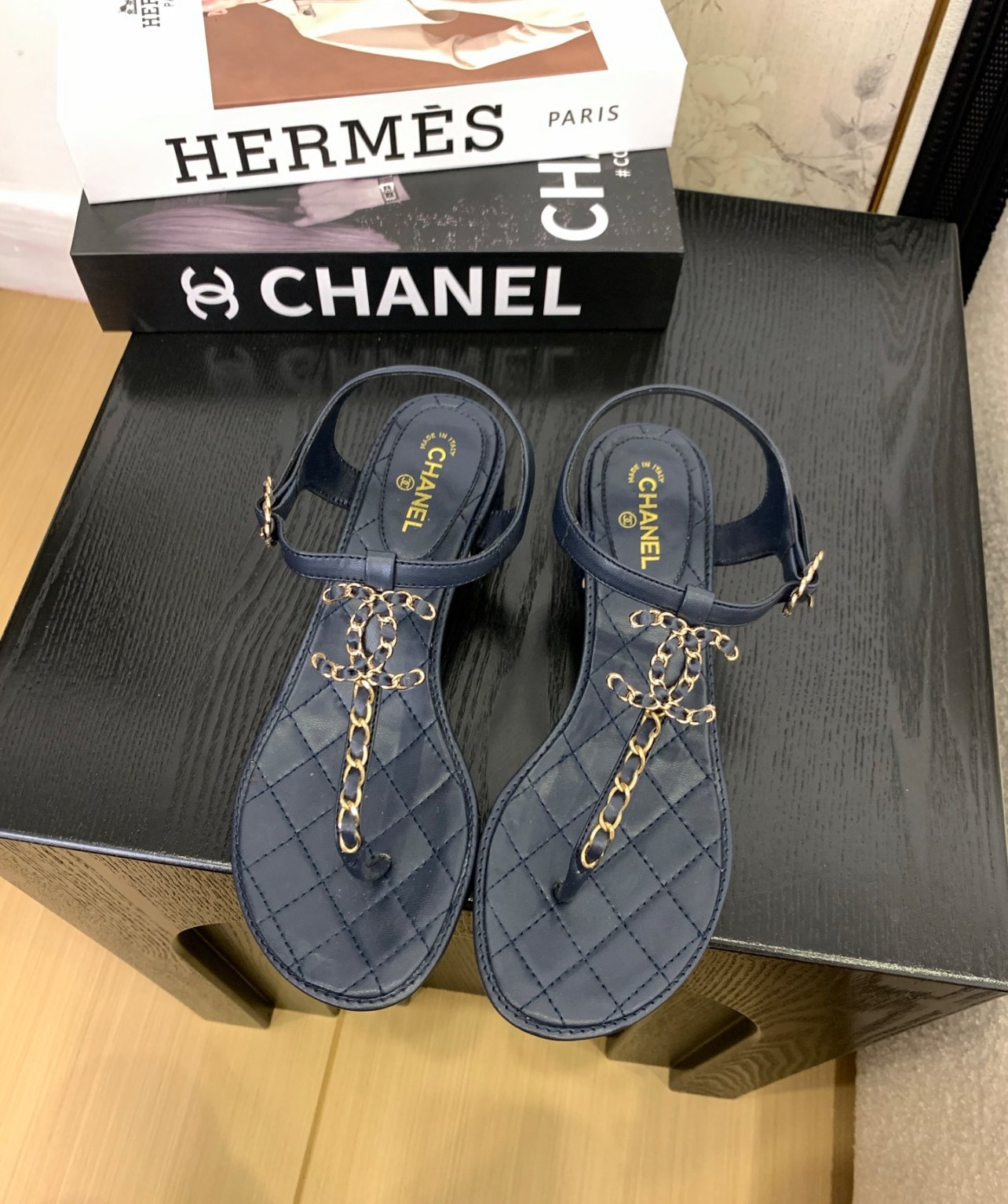 A+++ Quality Luxury Designer  Leather Sandals - NavyBlue