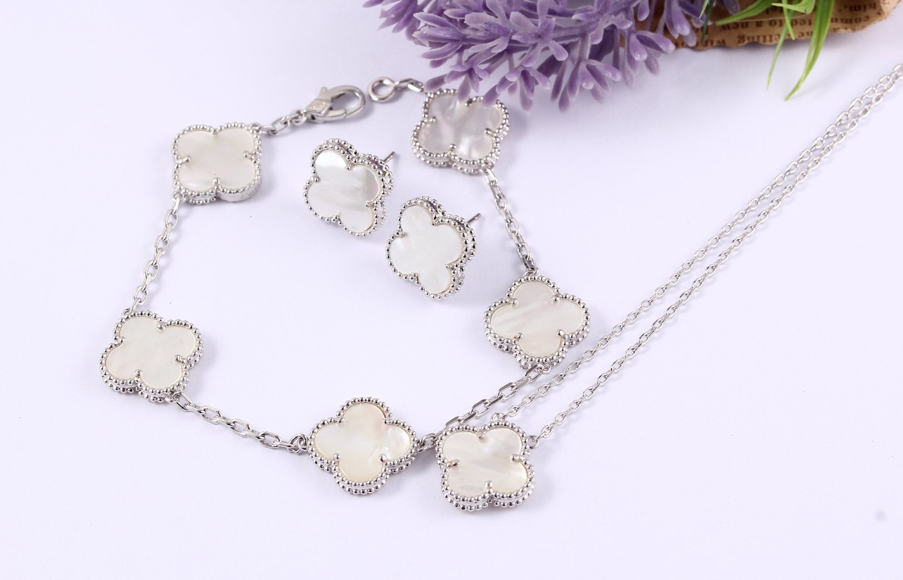 Highest Quality, Lucky Four Leaf Clover Jewelry, Gold Plated Four Leaf Clover Necklace,Earring,Bracelet - Silver&White