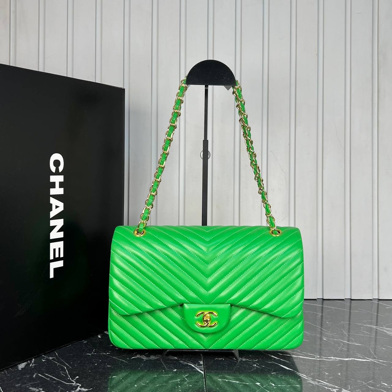 3.55 Chevron Genuine Leather Classic Bags, Luxury Bags - Green