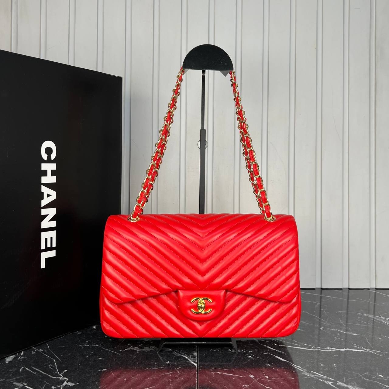 3.55 Chevron Genuine Leather Classic Bags, Luxury Bags - Red