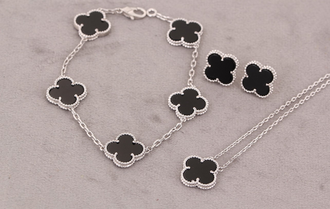 Highest Quality, Lucky Four Leaf Clover Jewelry, Gold Plated Four Leaf Clover Necklace,Earring,Bracelet - Siver&Black