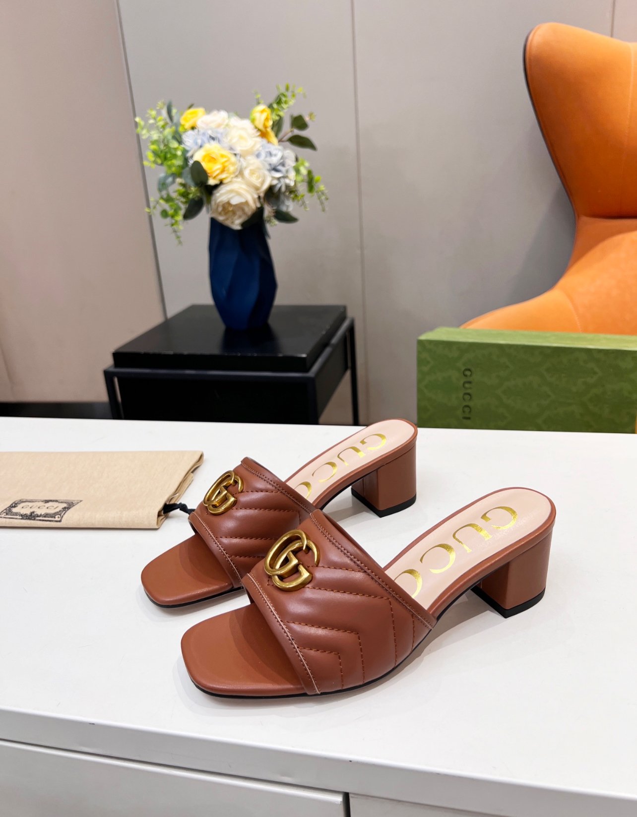 A+++ Quality Luxury Designer Heeled Leather Sandals  - Brown