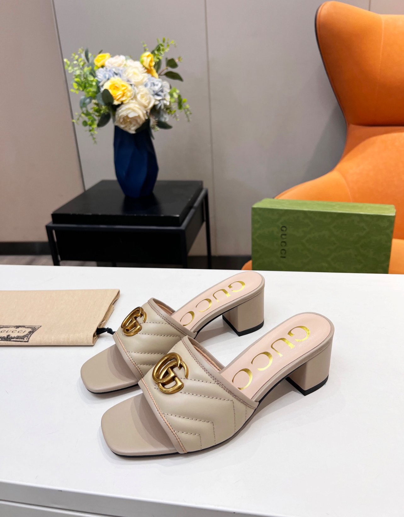 A+++ Quality Luxury Designer Heeled Leather Sandals  - Beige