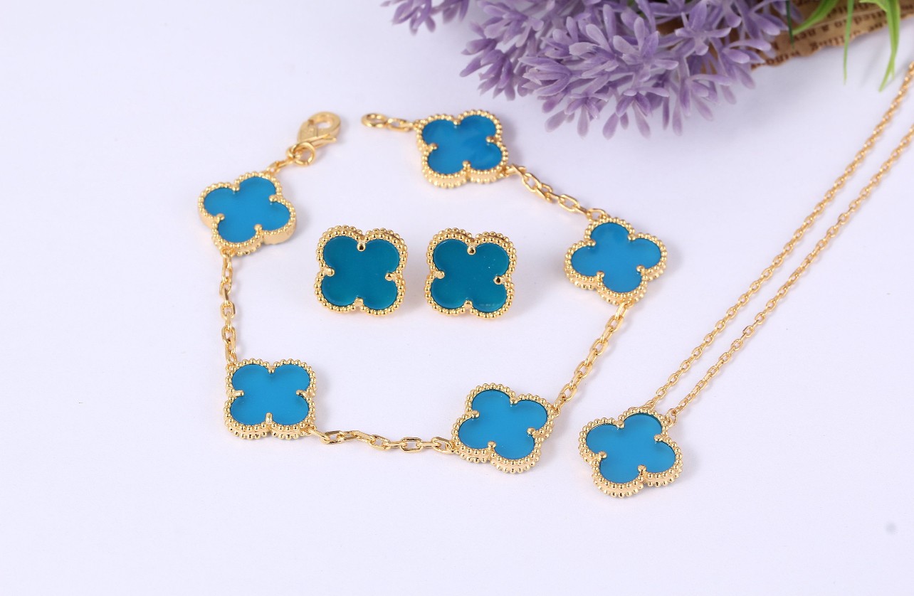 Highest Quality, Lucky Four Leaf Clover Jewelry, Gold Plated Four Leaf Clover Necklace,Earring,Bracelet - Gold&Blue