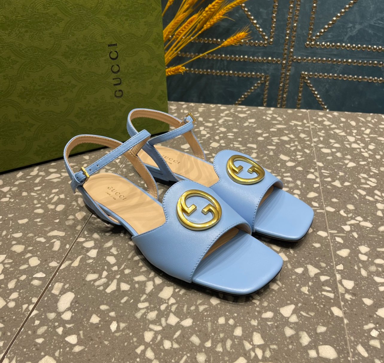 A+++ Quality Low Heeled Leather Sandals - Blue