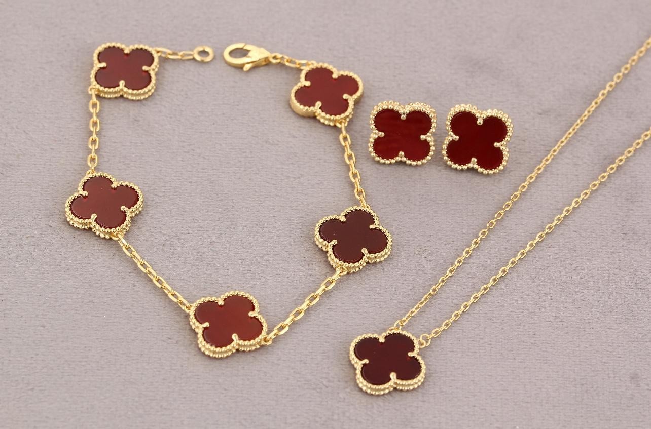 Highest Quality, Lucky Four Leaf Clover Jewelry, Gold Plated Four Leaf Clover Necklace,Earring,Bracelet - Gold&Red