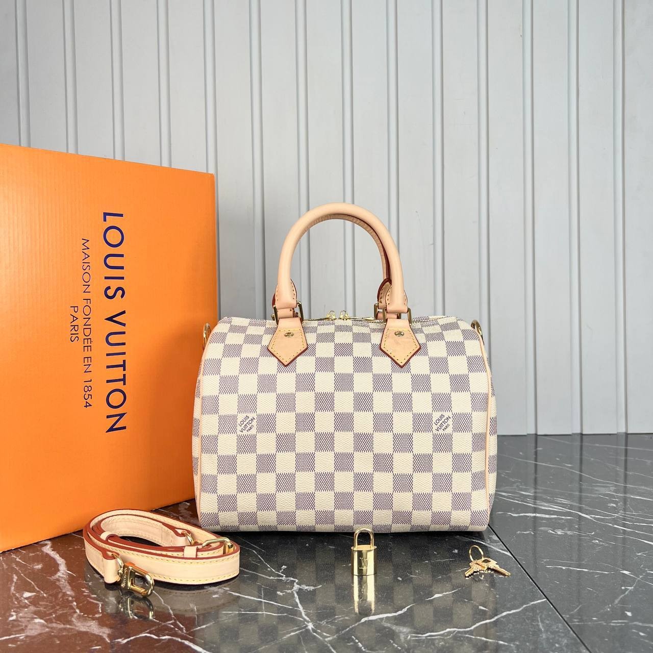 Luxury Speedy Bandouliere Bag 25 cm, Highest Quality Fashion Bags - White Damier