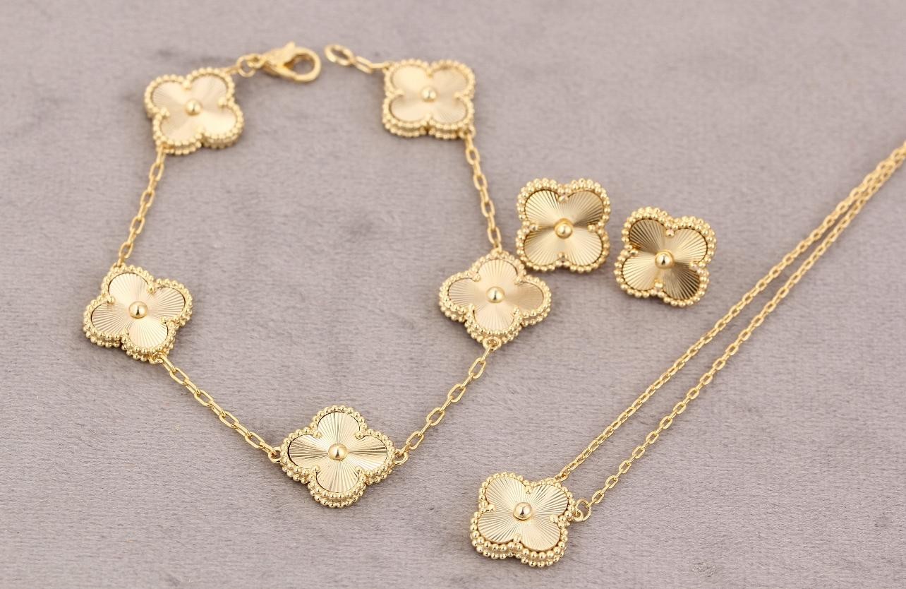 Highest Quality, Lucky Four Leaf Clover Jewelry, Gold Plated Four Leaf Clover Necklace,Earring,Bracelet - Gold Laiser