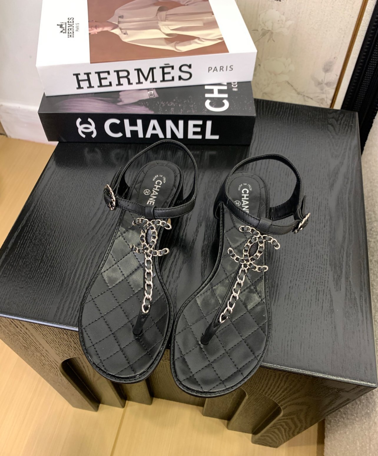 A+++ Quality Luxury Designer  Leather Sandals - Black Silver