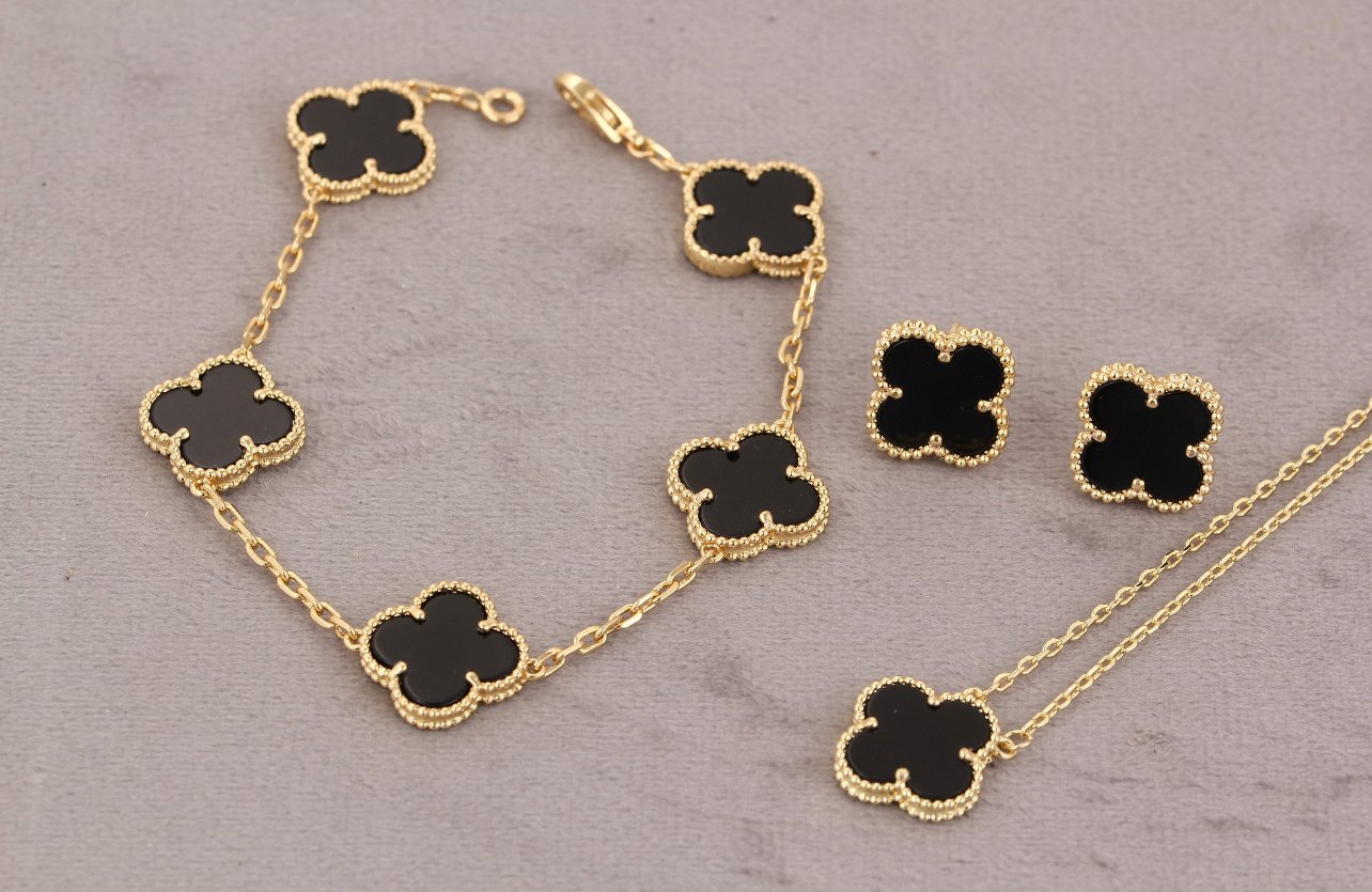 Highest Quality, Lucky Four Leaf Clover Jewelry, Gold Plated Four Leaf Clover Necklace,Earring,Bracelet - Gold&Black