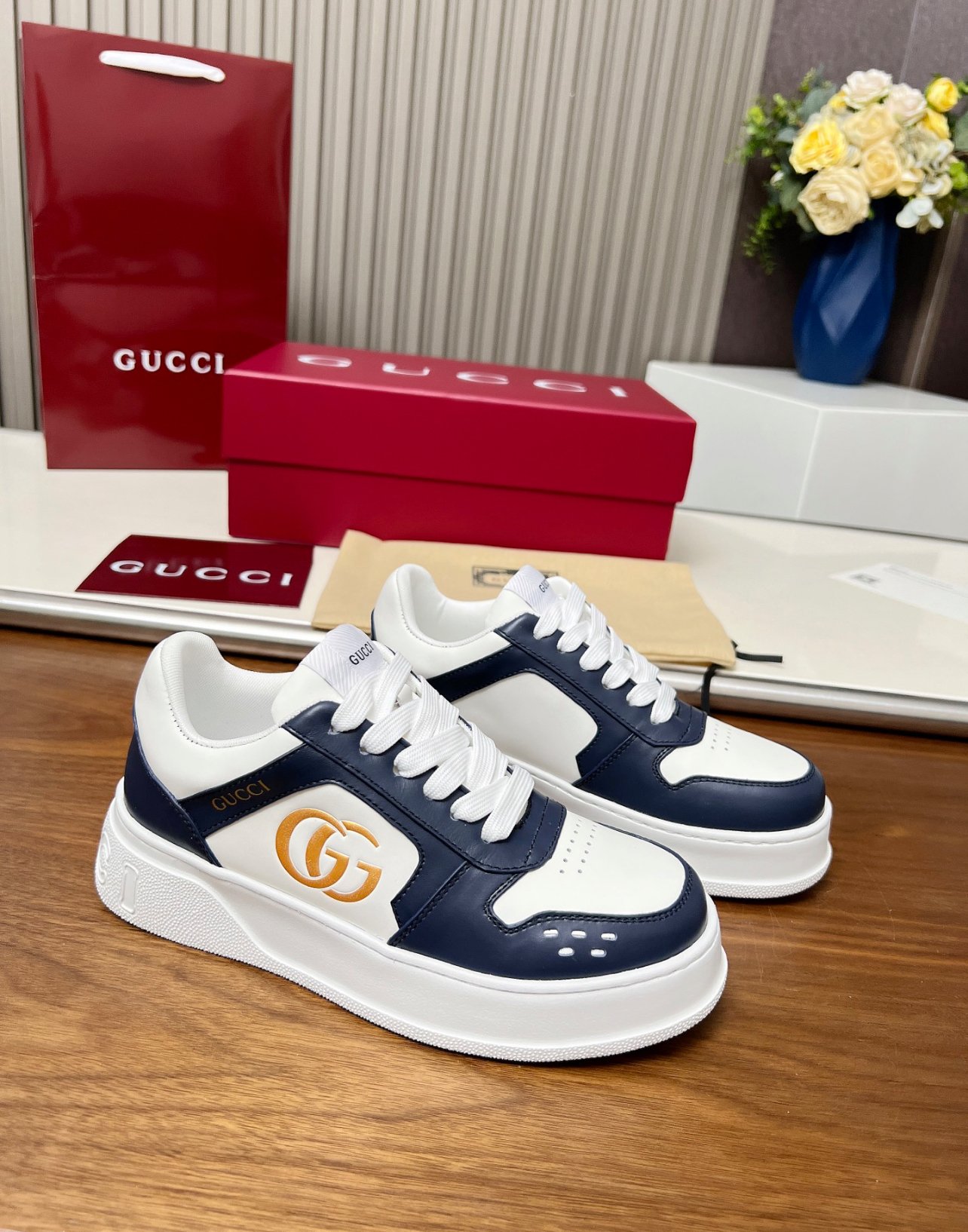A+++ Quality Luxury Designer Unisex Leather Sneaker , Shoes - NavyBlue