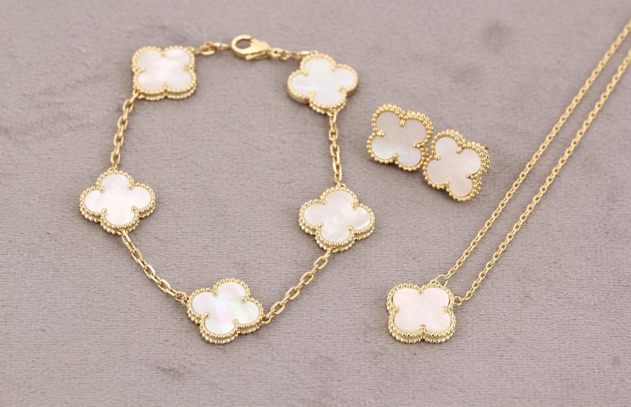 Highest Quality, Lucky Four Leaf Clover Jewelry, Gold Plated Four Leaf Clover Necklace,Earring,Bracelet - Gold&White