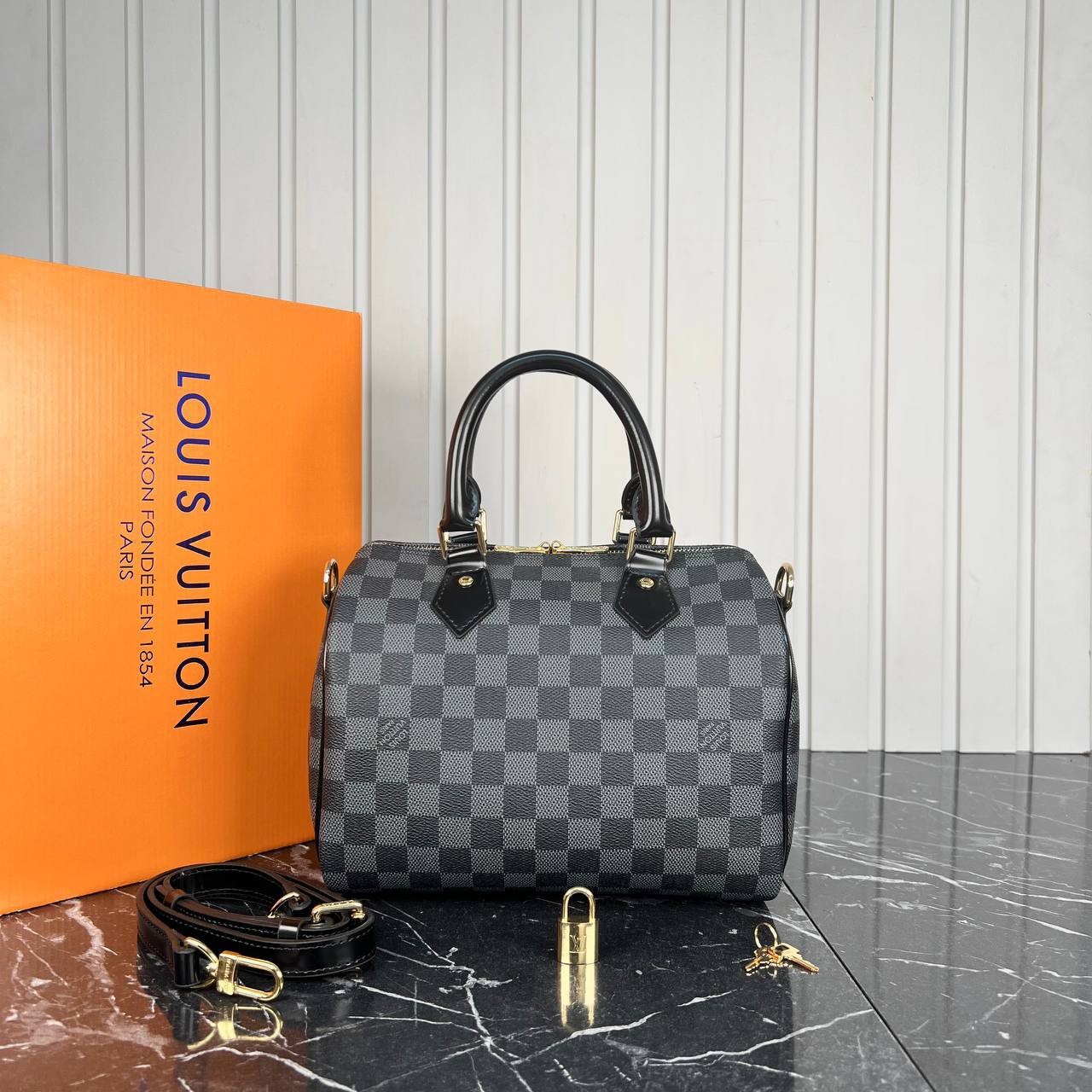 Luxury Speedy Bandouliere Bag 25 cm, Highest Quality Fashion Bags - Black Damier