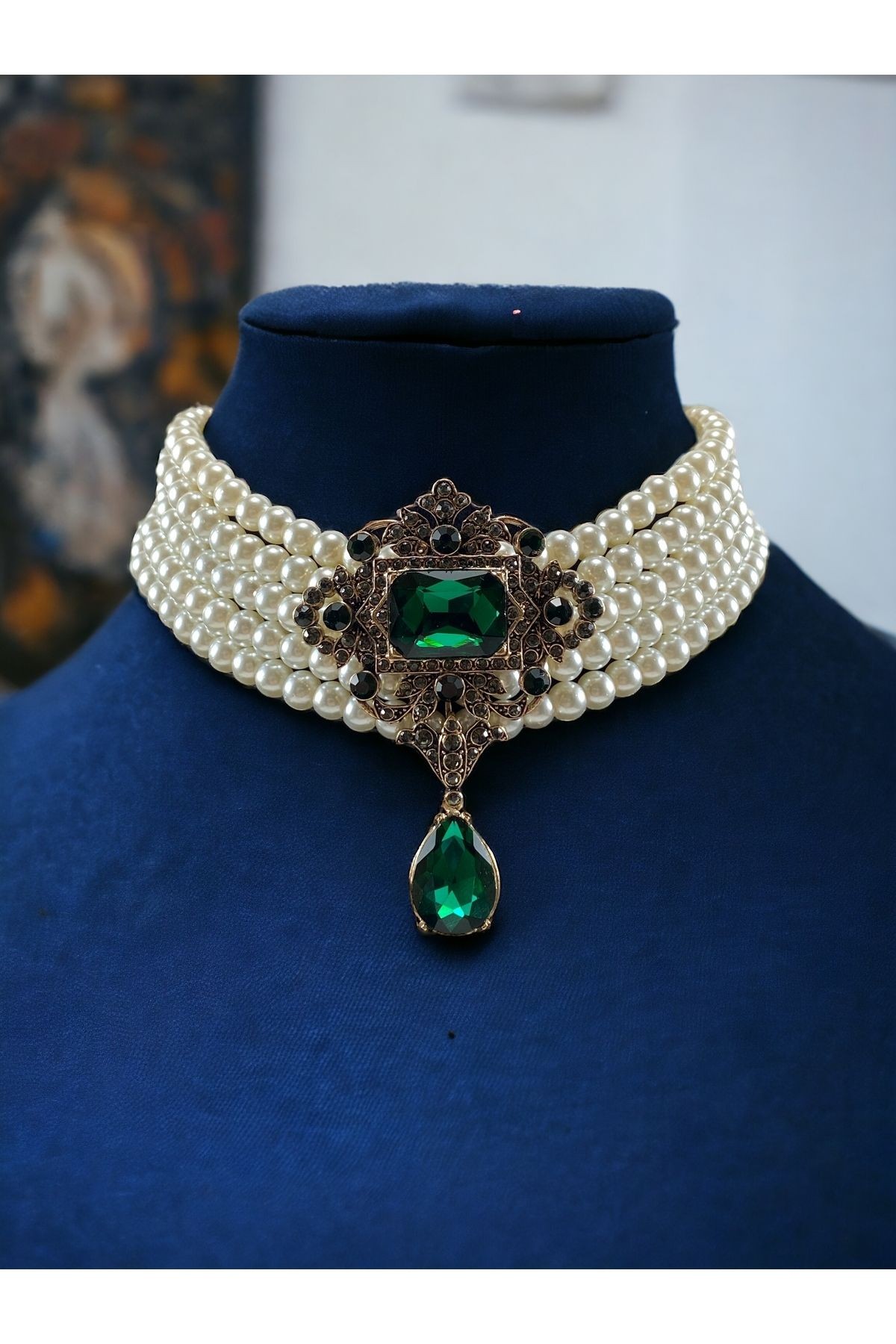 Baget ve Su Damlası Taşlı İnci Choker Kolye - yeşil