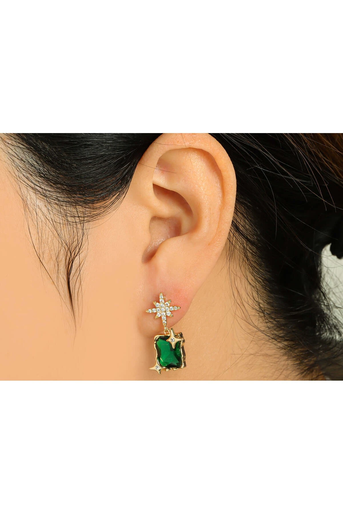 Zirkon Taşlı Kuzey Yıldızı Yeşil Kristal Taşlı Altın Kaplama Küpe