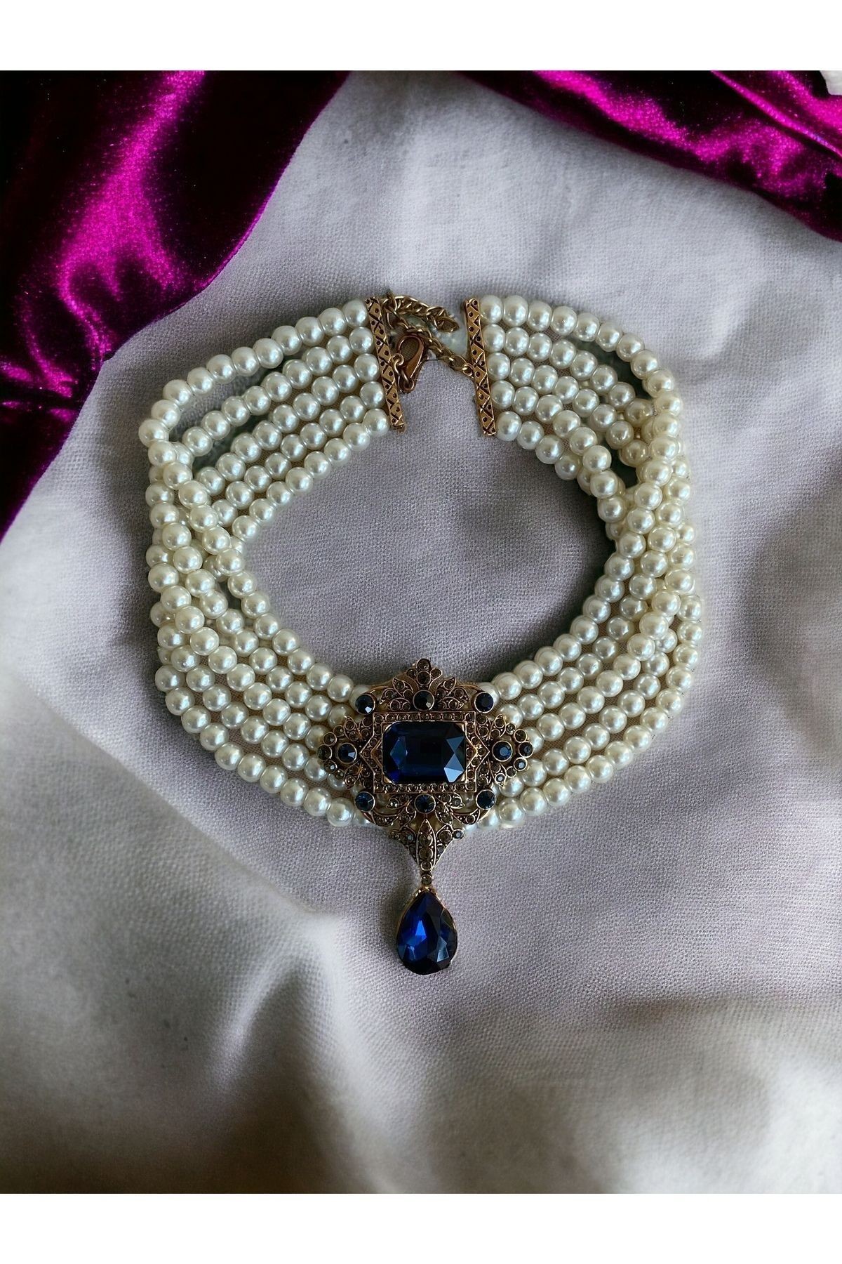 Baget ve Su Damlası Taşlı İnci Choker Kolye