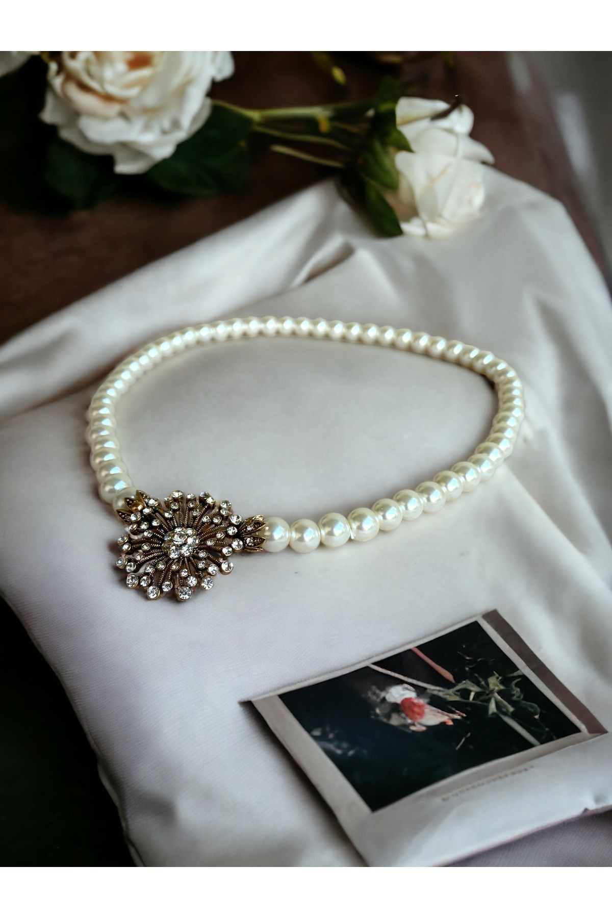 Beyaz Kristal Taşlı Dandelion İnci Kolye