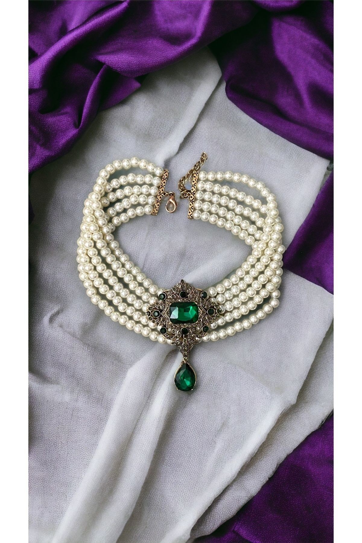 Baget ve Su Damlası Taşlı İnci Choker Kolye