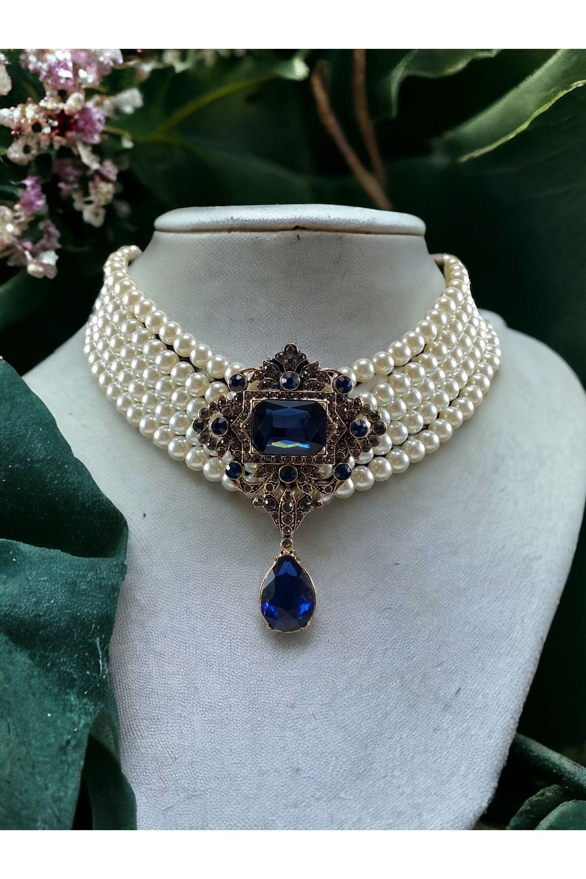 Baget ve Su Damlası Taşlı İnci Choker Kolye - mavi