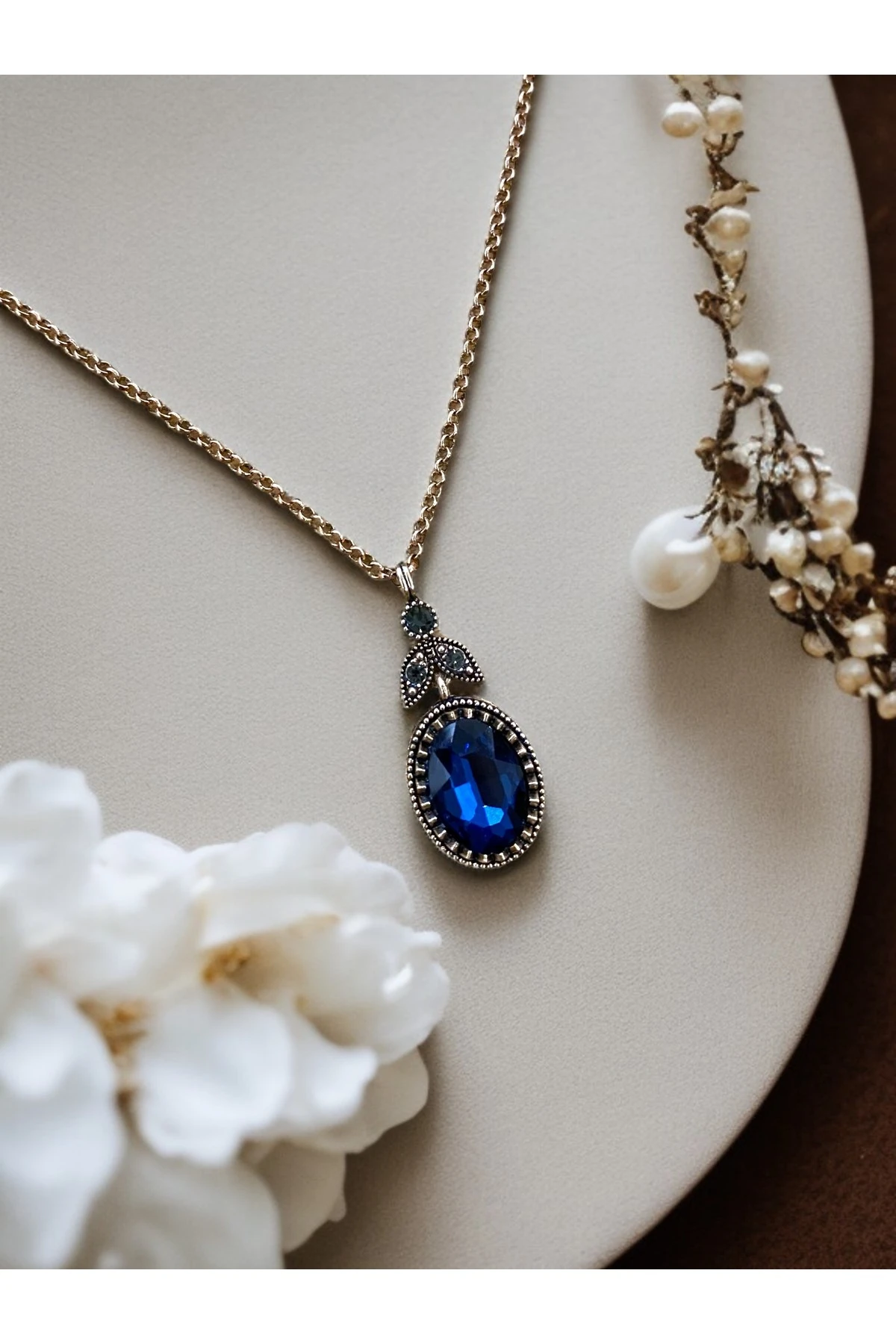 Kristal Taşlı Oval Kesim Kolye