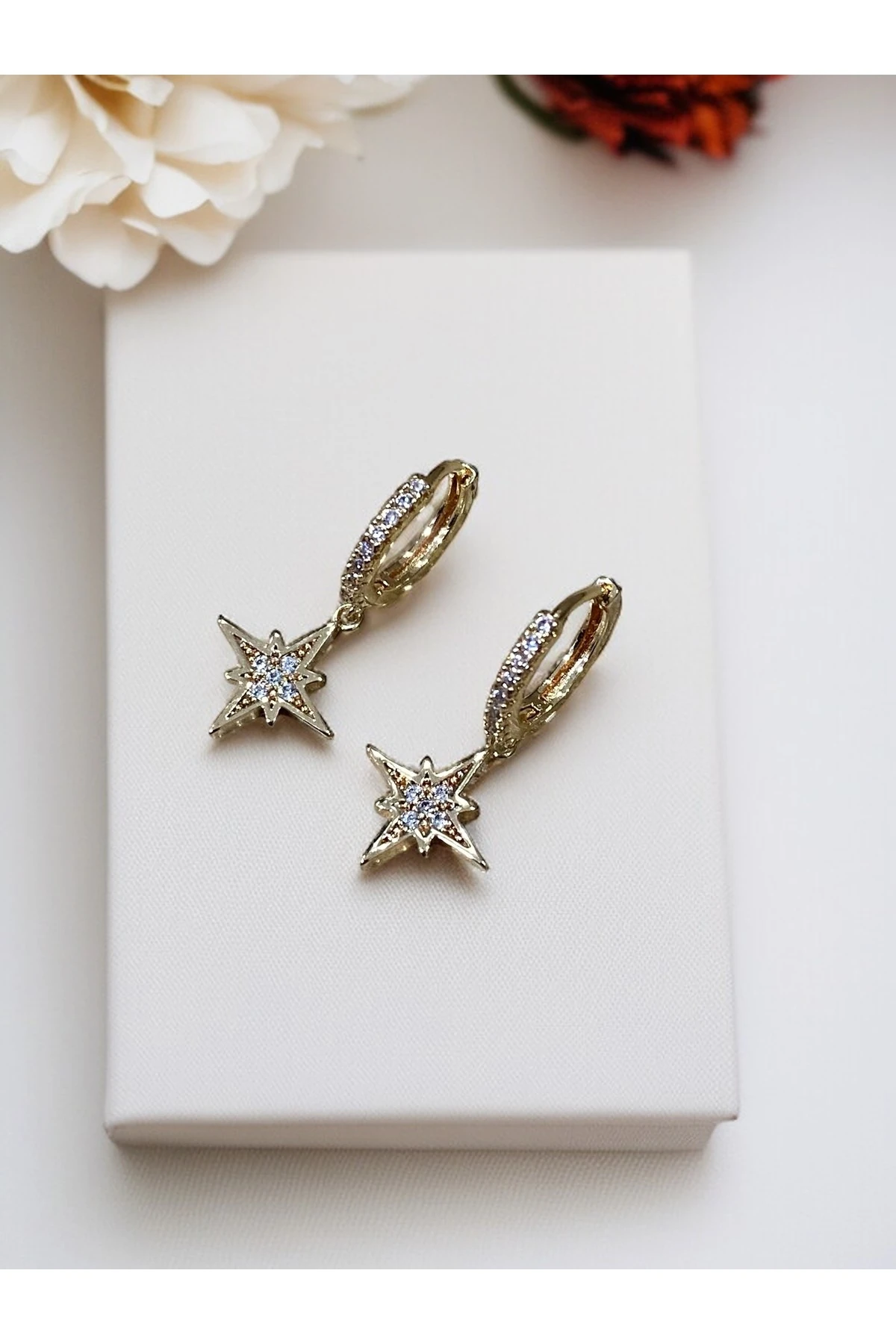 Kristal Taşlı Kuzey Yıldızı Altın Kaplama Küpe