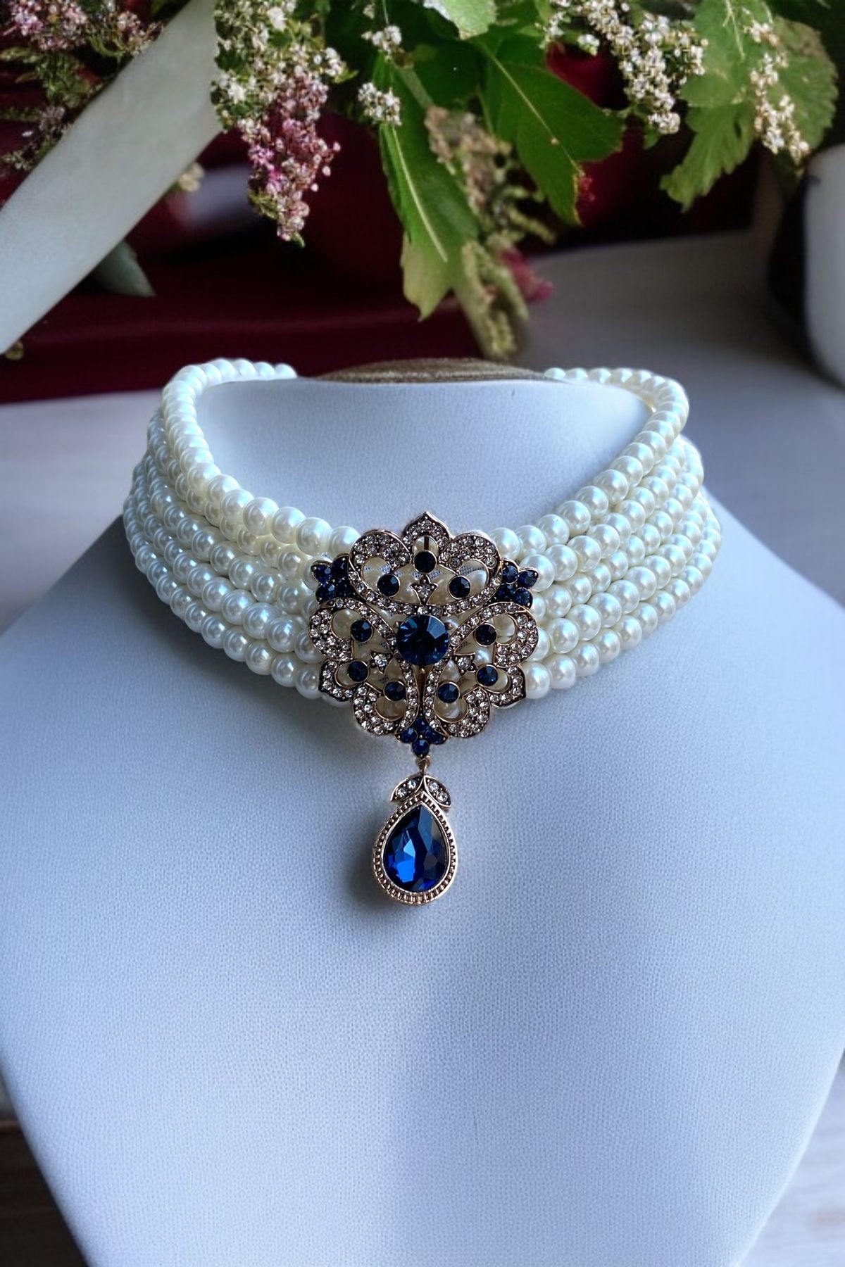 Kristal Taşlı Su Damlası Sallantılı Tasarım İnci Kolye