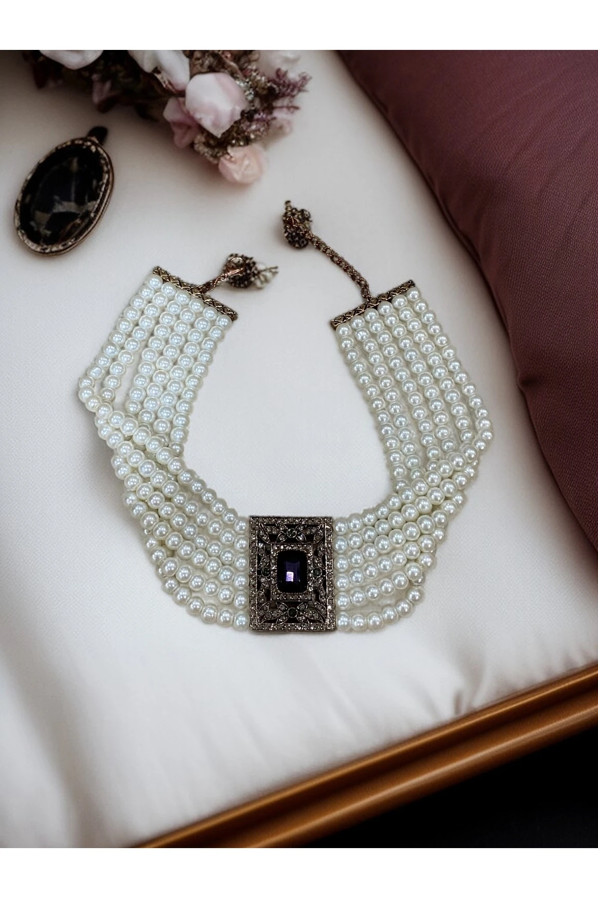 Elmas Montür Kristal Taşlı İnci Tasma Kolye