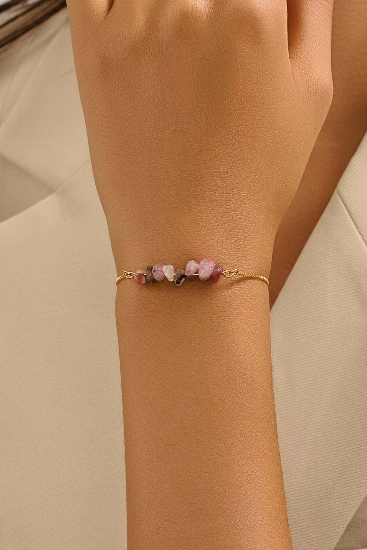 Sakura Yağmur Taşlı Altın Kaplama Asansör Bileklik