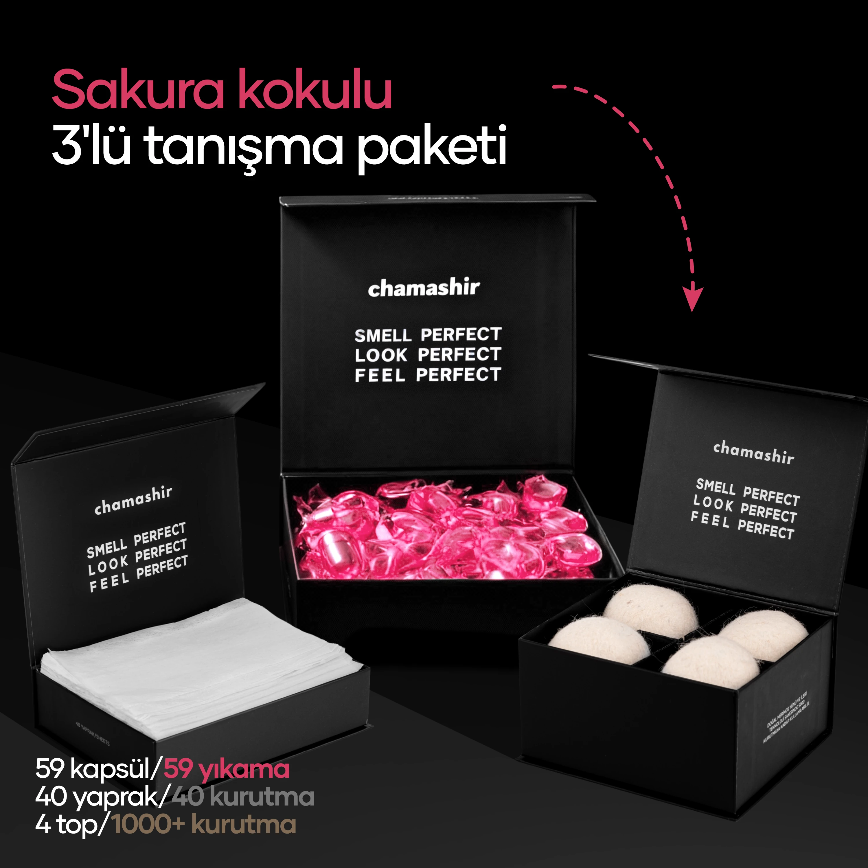chamashir 3'lü TANIŞMA PAKETİ - JAPANESE SAKURA - KURUTMA MENDİLİ - YÜN KURUTMA TOPU