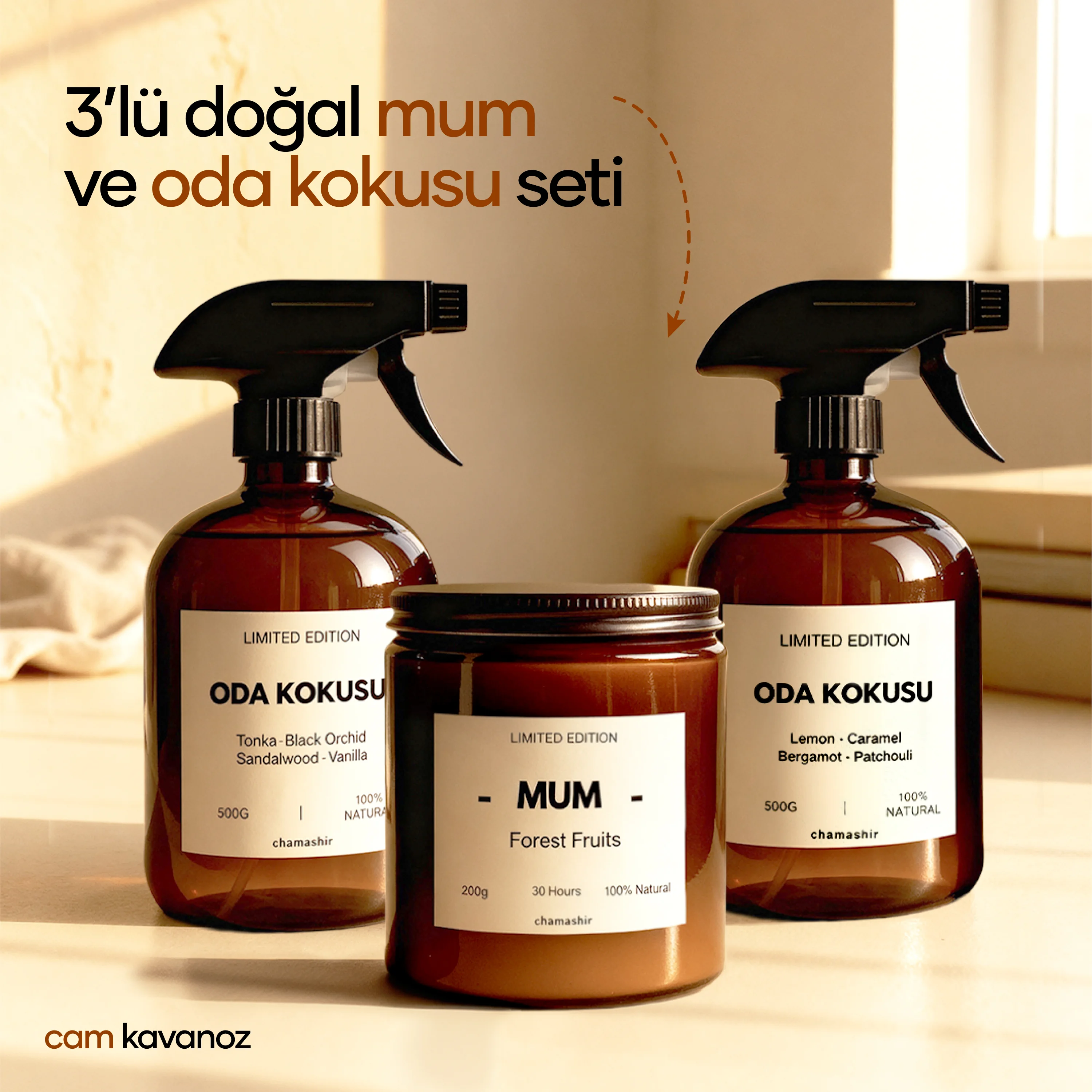 3'lü Doğal Oda Kokusu Spreyi ve Doğal Soya Mum Seti