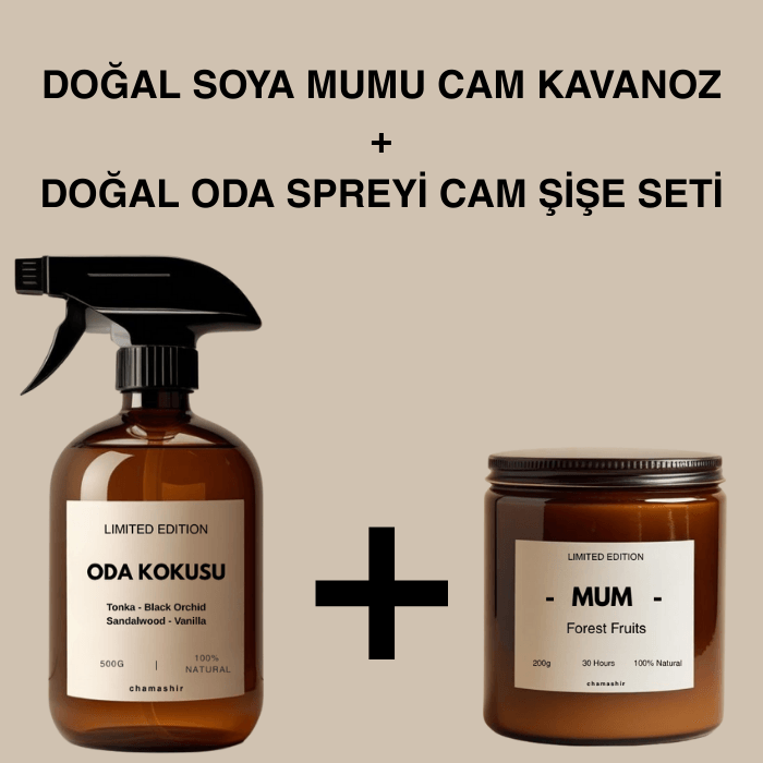 Doğal Cam Şişe Oda Spreyi + Doğal Soya Mumu Seti 