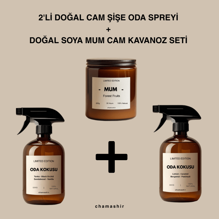 3'lü Doğal Oda Kokusu Spreyi ve Doğal Soya Mum Seti