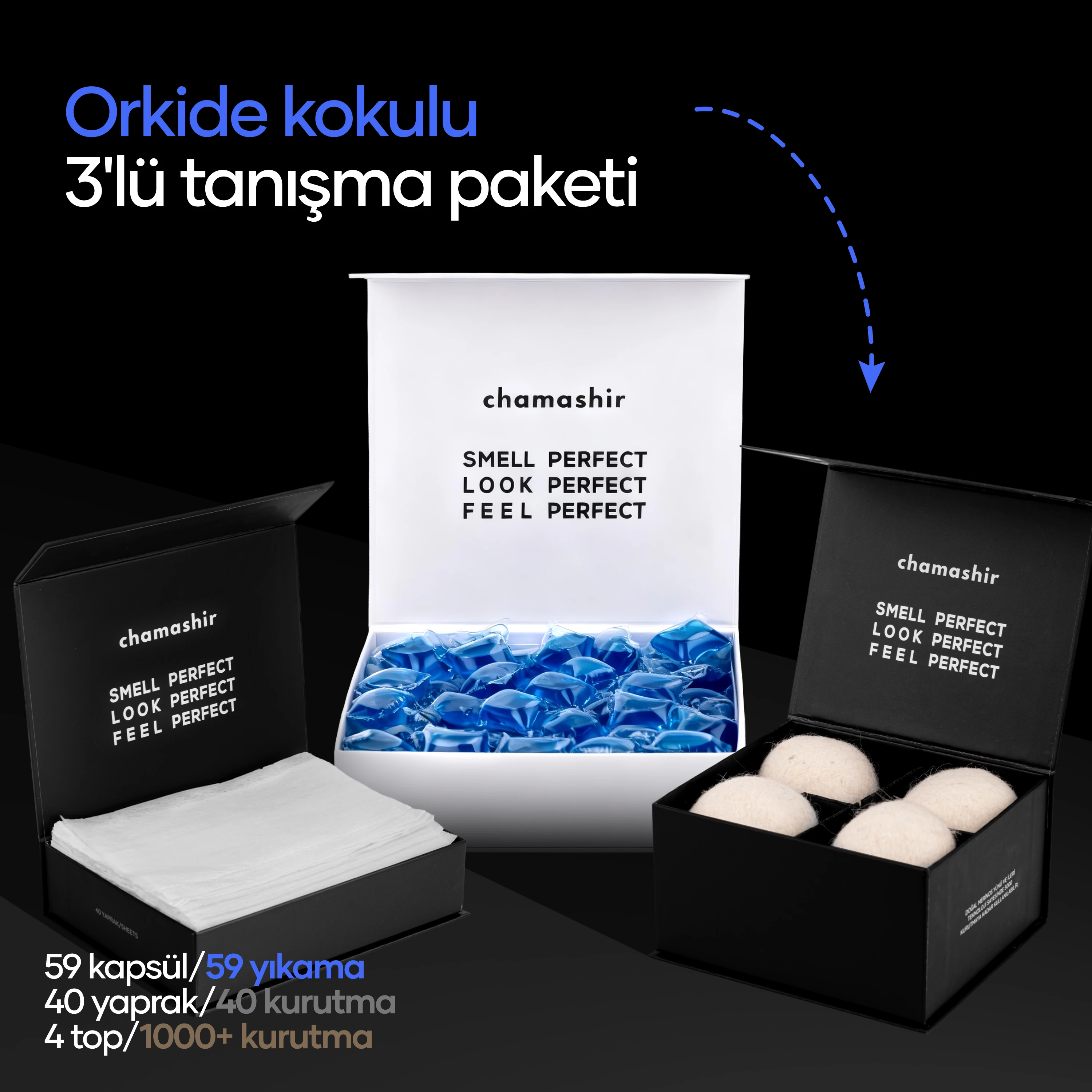 chamashir 3'lü TANIŞMA PAKETİ - ORKİDE - KURUTMA MENDİLİ - YÜN KURUTMA TOPU