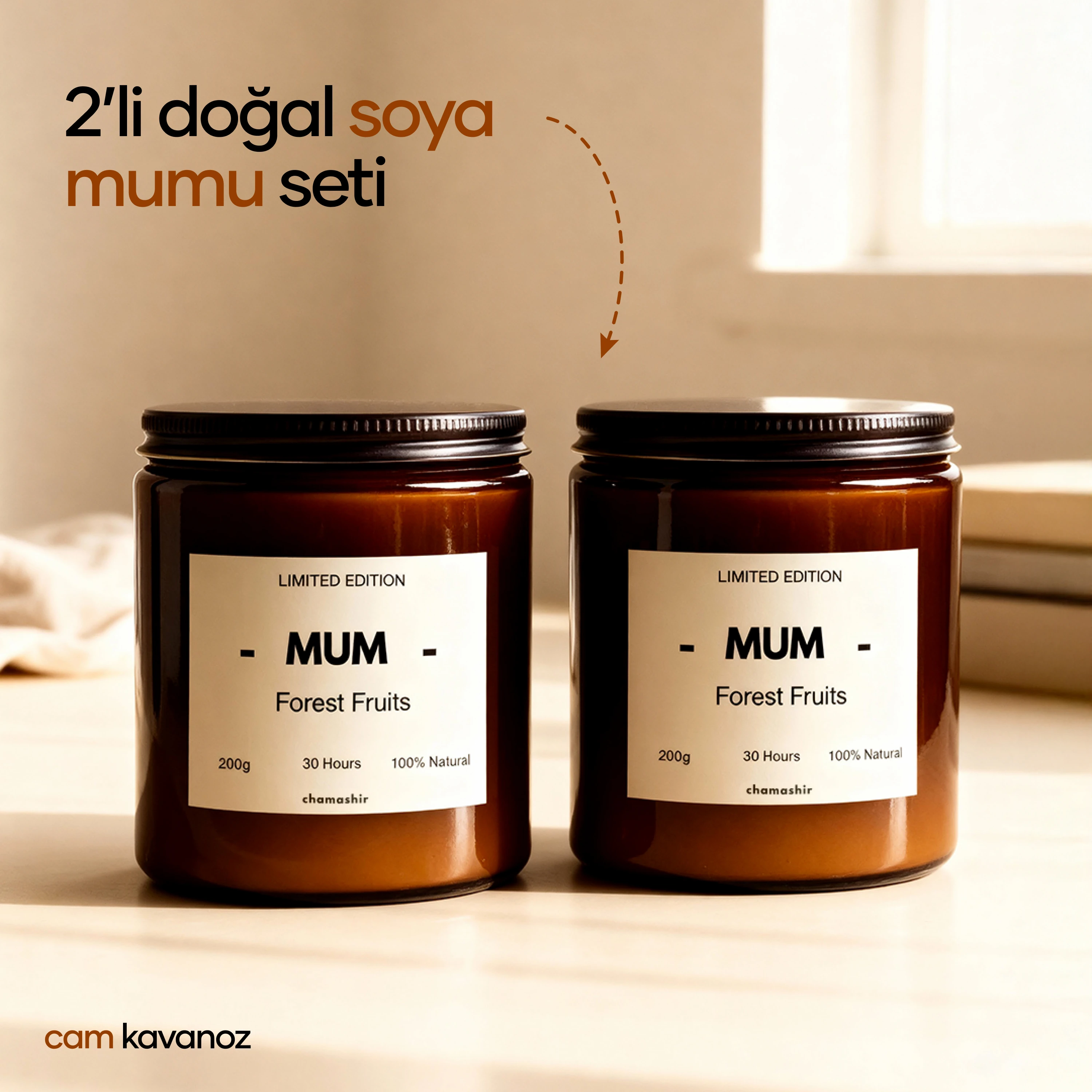 2'li Set Doğal Orman Meyveli Kokulu Soya Mumu – 200g Cam Kavanoz, 