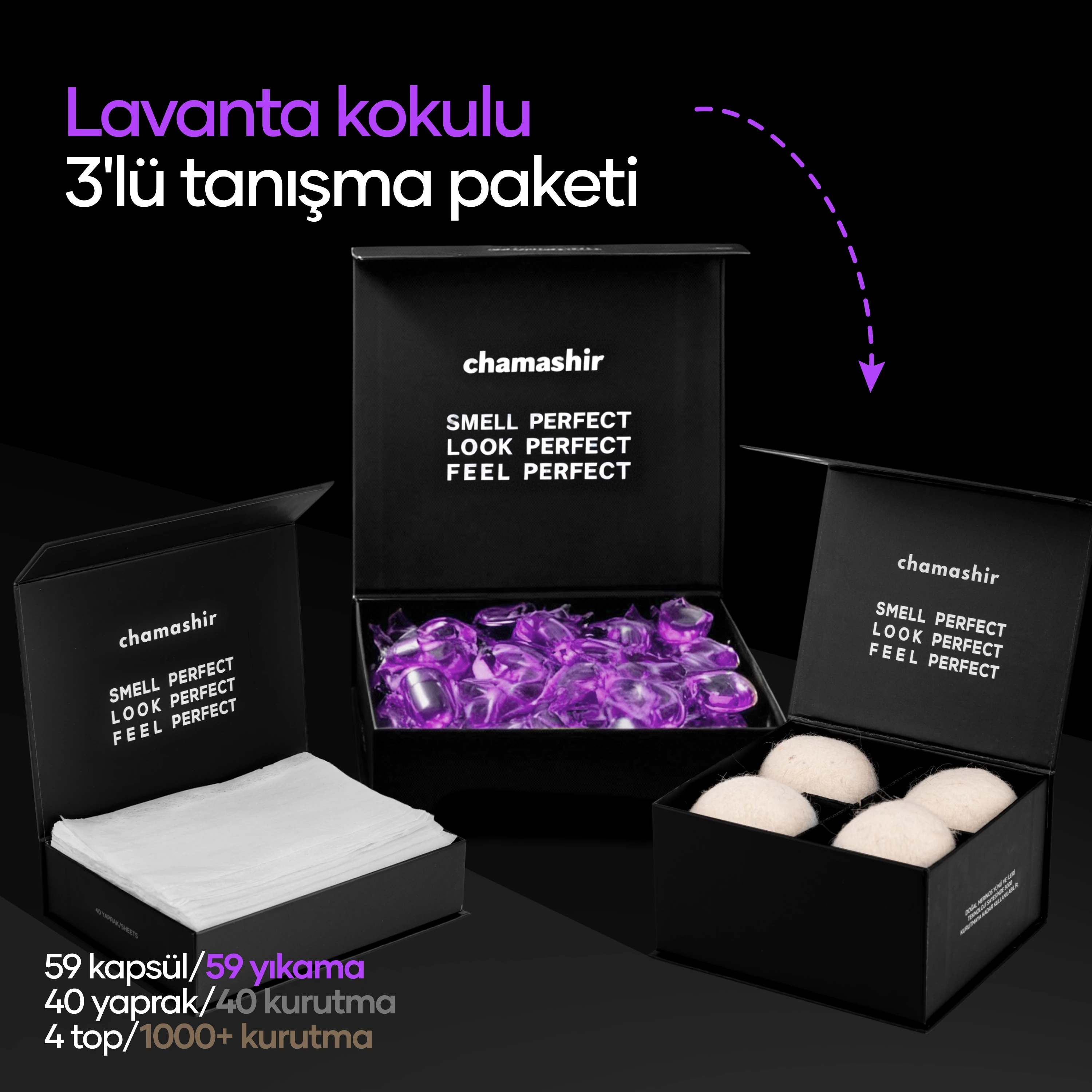 chamashir 3'lü TANIŞMA PAKETİ - MEDITERRANEAN LAVENDER - KURUTMA MENDİLİ - YÜN KURUTMA TOPU