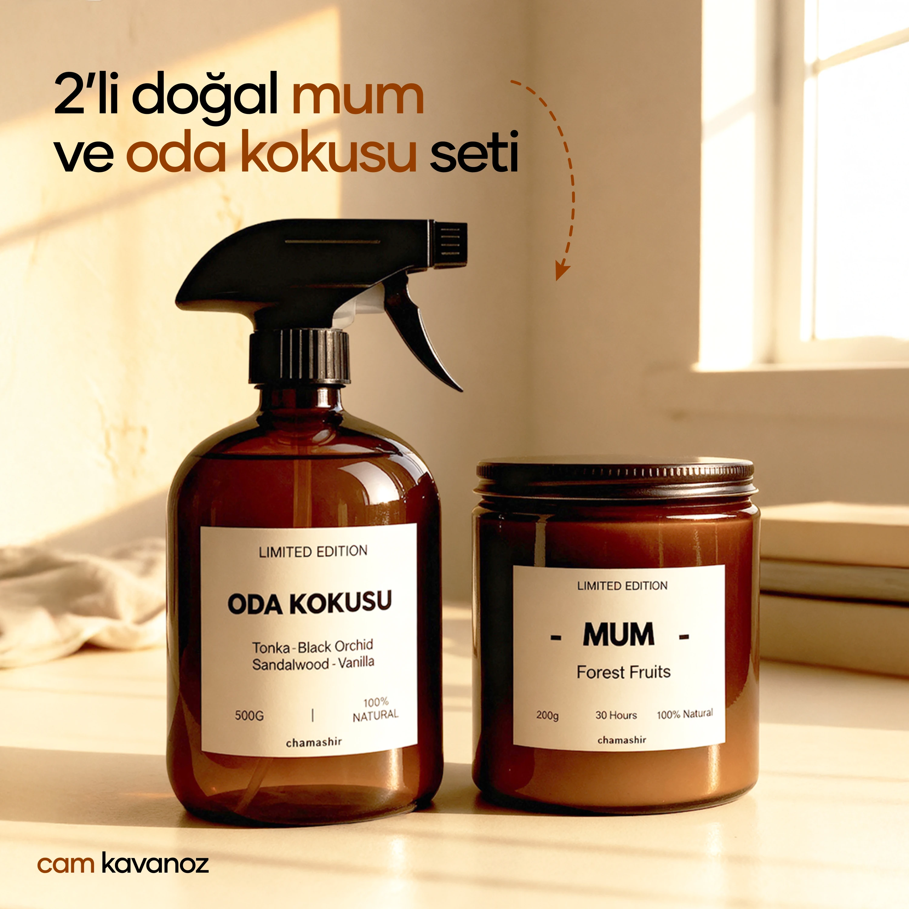 Doğal Cam Şişe Oda Spreyi + Doğal Soya Mumu Seti 