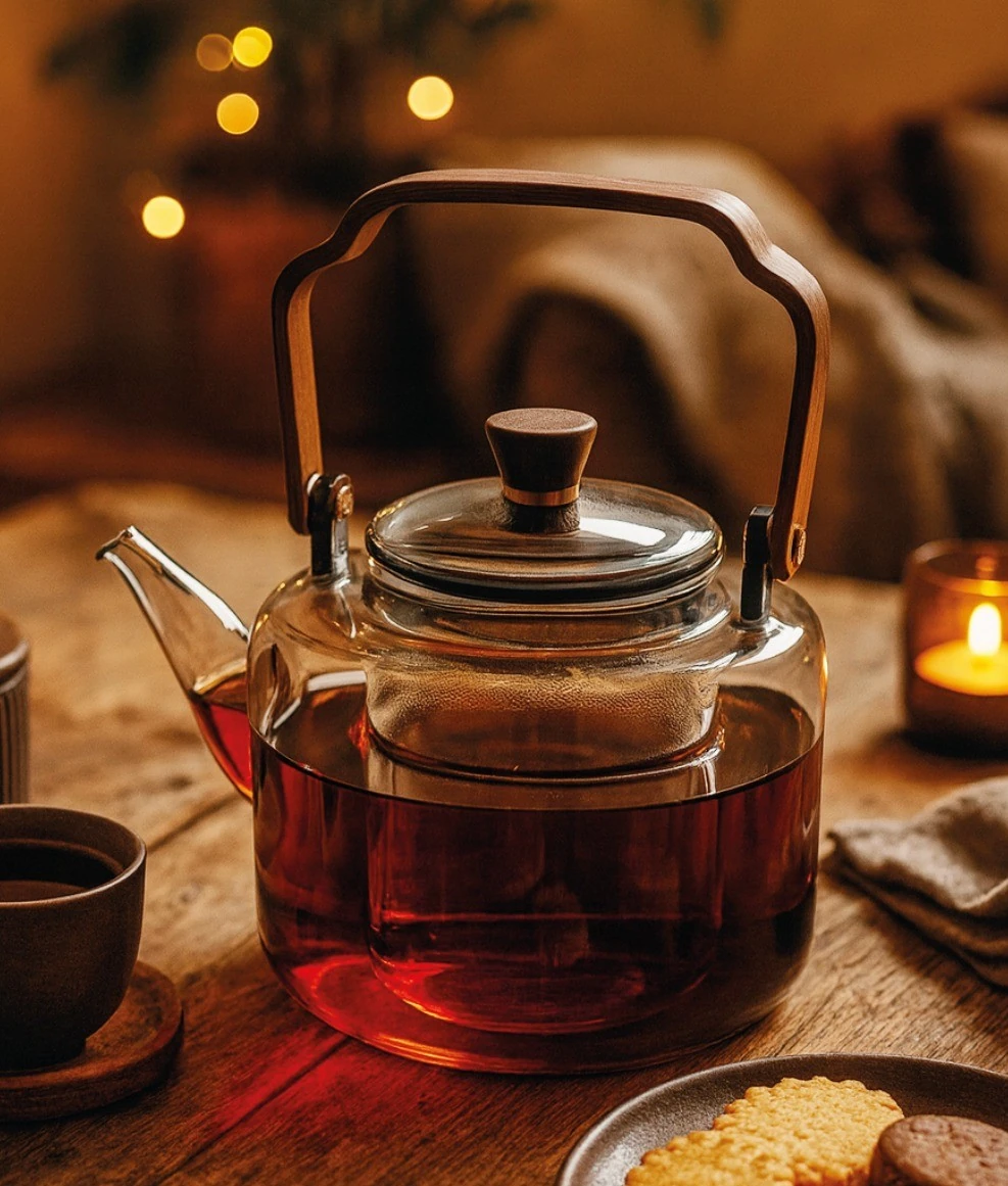 Ahşap tutacaklı cam bitki çayı demliği, Oryantal tasarımlı, 1000 ml (Code:1003)