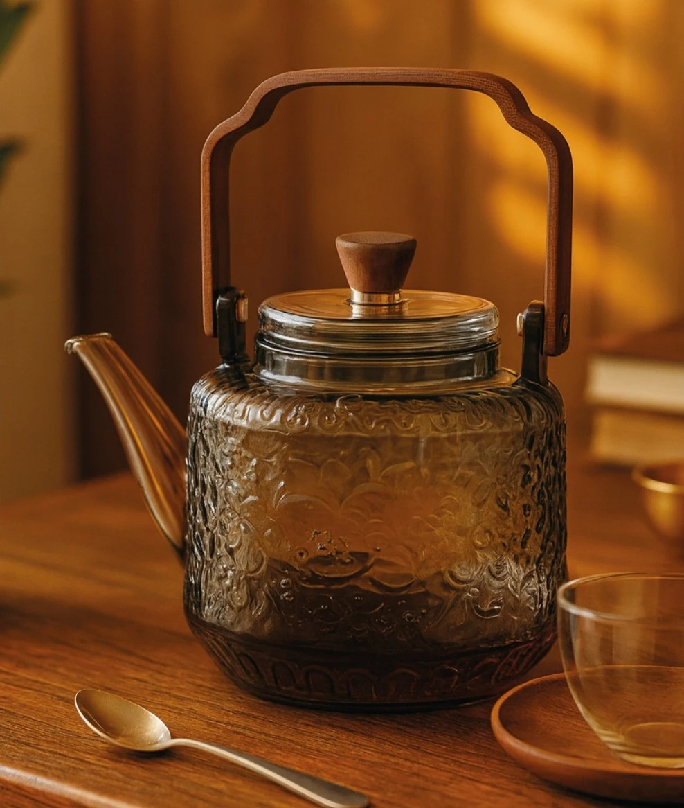 Ahşap tutacaklı cam bitki çayı demliği, Oryantal tasarımlı, 1350 ml (Code:1008)