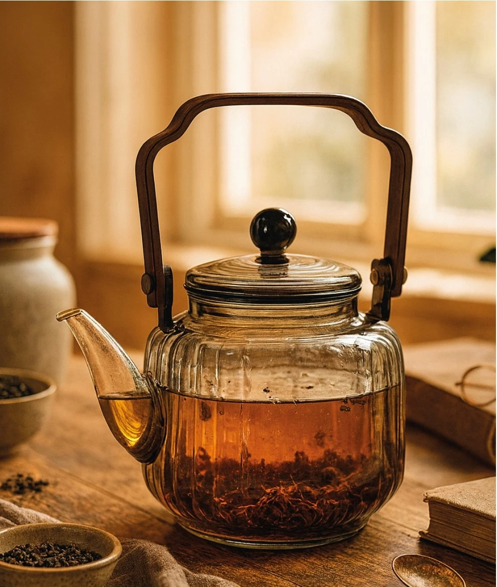 Ahşap tutacaklı cam bitki çayı demliği, Oryantal tasarımlı, 850 ml (Code:1004)