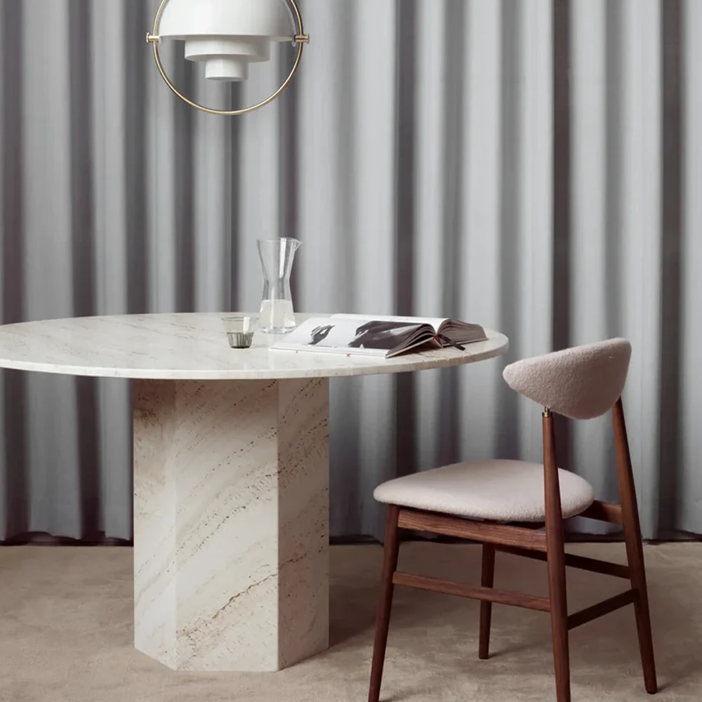 Yuvarlak Traverten Mermer Altıgen Ayaklı Yemek Masası