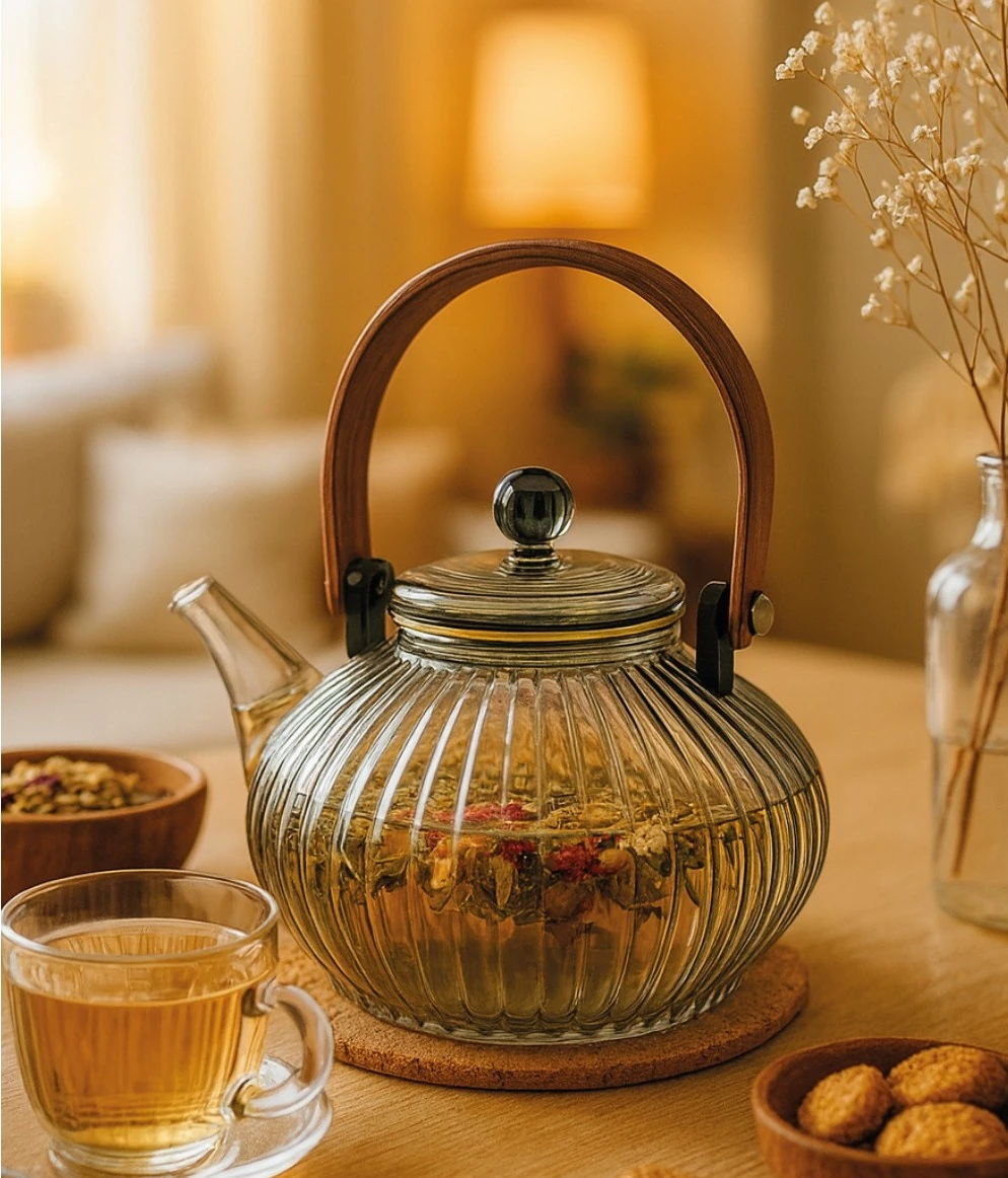 Ahşap tutacaklı cam bitki çayı demliği, Oryantal tasarımlı, 850 ml (Code:1001)