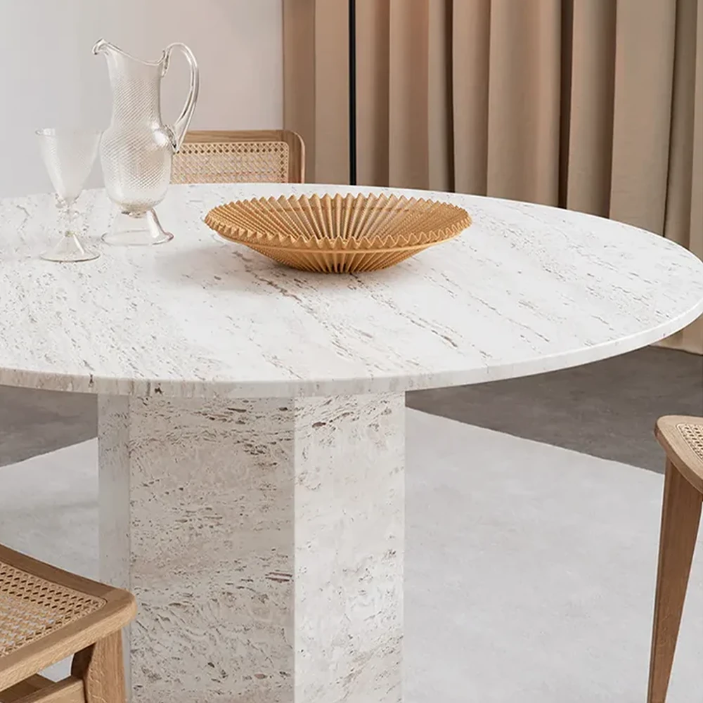 Yuvarlak Traverten Mermer Altıgen Ayaklı Yemek Masası