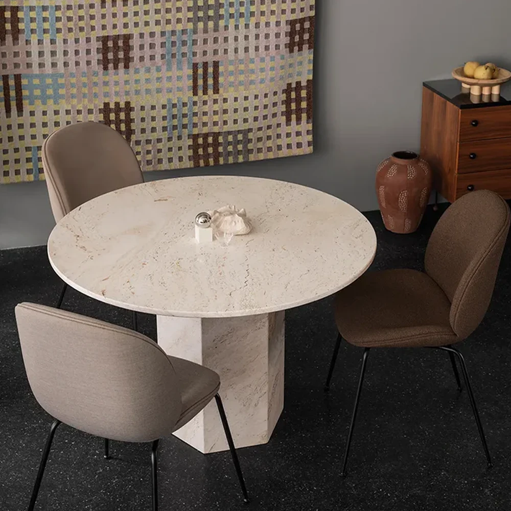 Yuvarlak Traverten Mermer Altıgen Ayaklı Yemek Masası