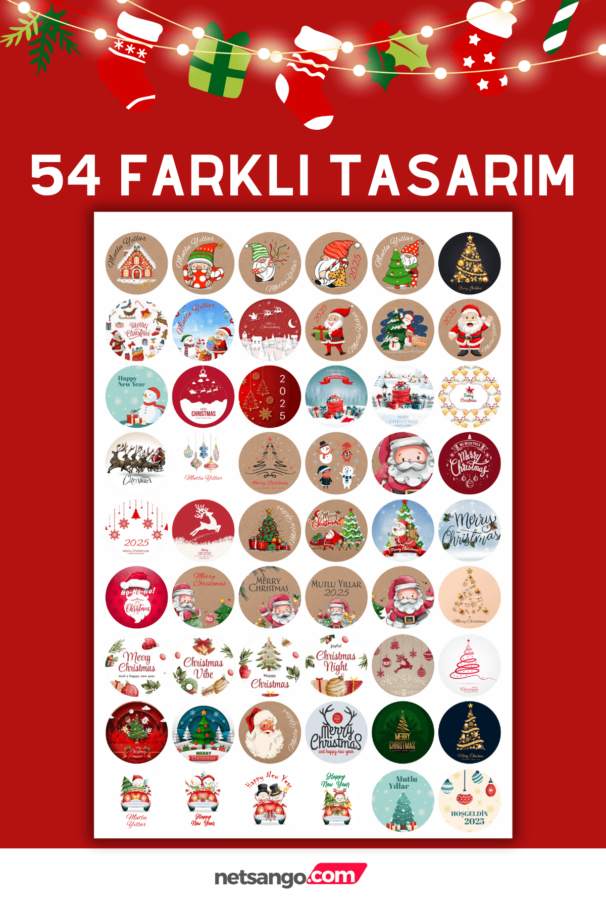 Yılbaşı Temalı Hediye Paketi için 54 Adet Sticker